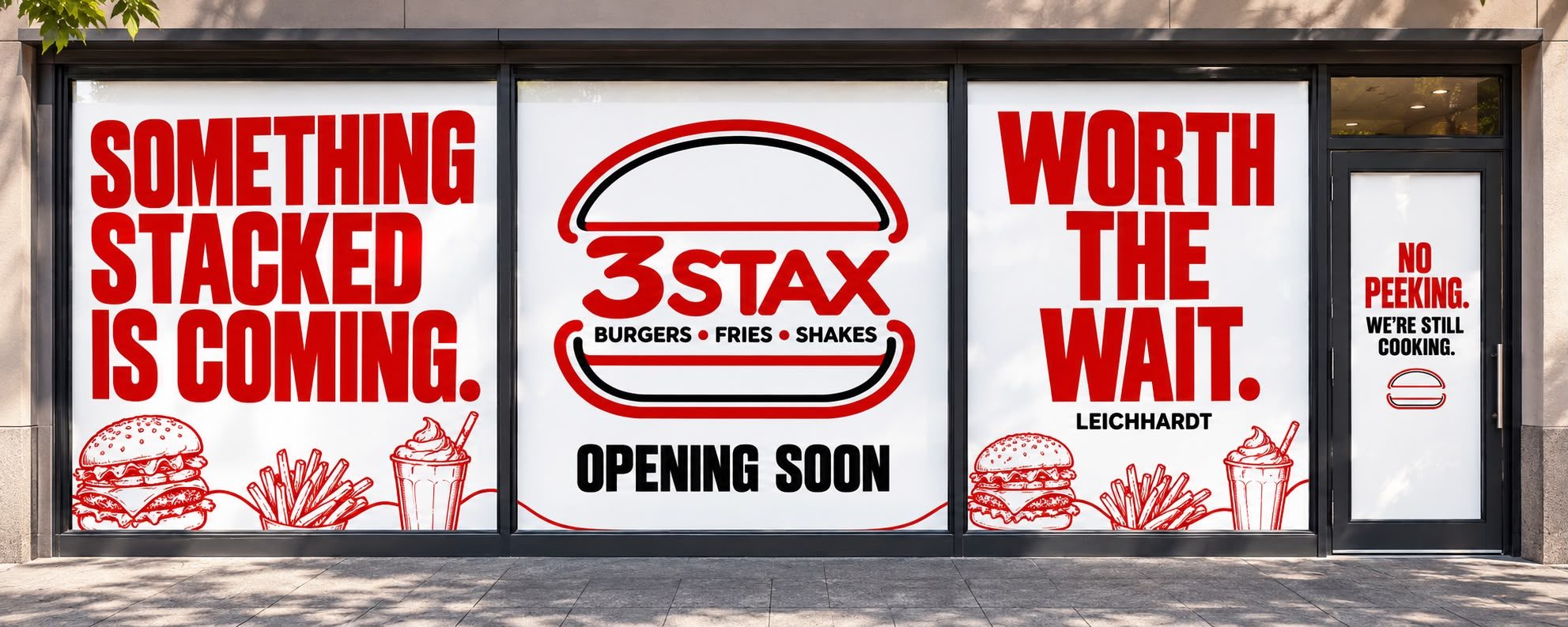 3STAX shopfront with window signs reading Something Stacked Is Coming, Opening Soon and Worth the Wait